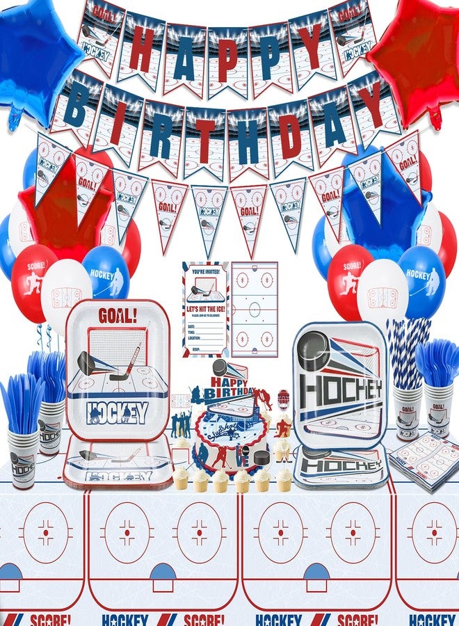 PTECDROTS 219Pcs Hockey Party Decorations - Hockey Plates, Napkins, Tablecloth, Banner, Cups, Hockey Balloon, Hockey Invitation, Cake Toppers Hockey Decorations for Party Sports Hockey Birthday Party Supplies - Image 1